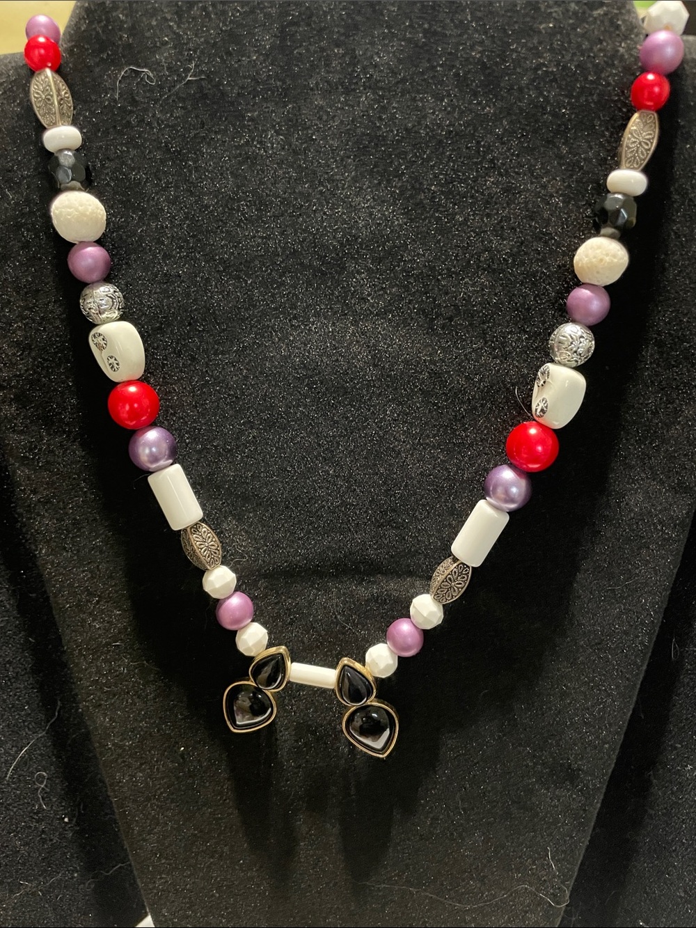 Multi-Bead Purple, Red & White Statement Necklace.  M’s